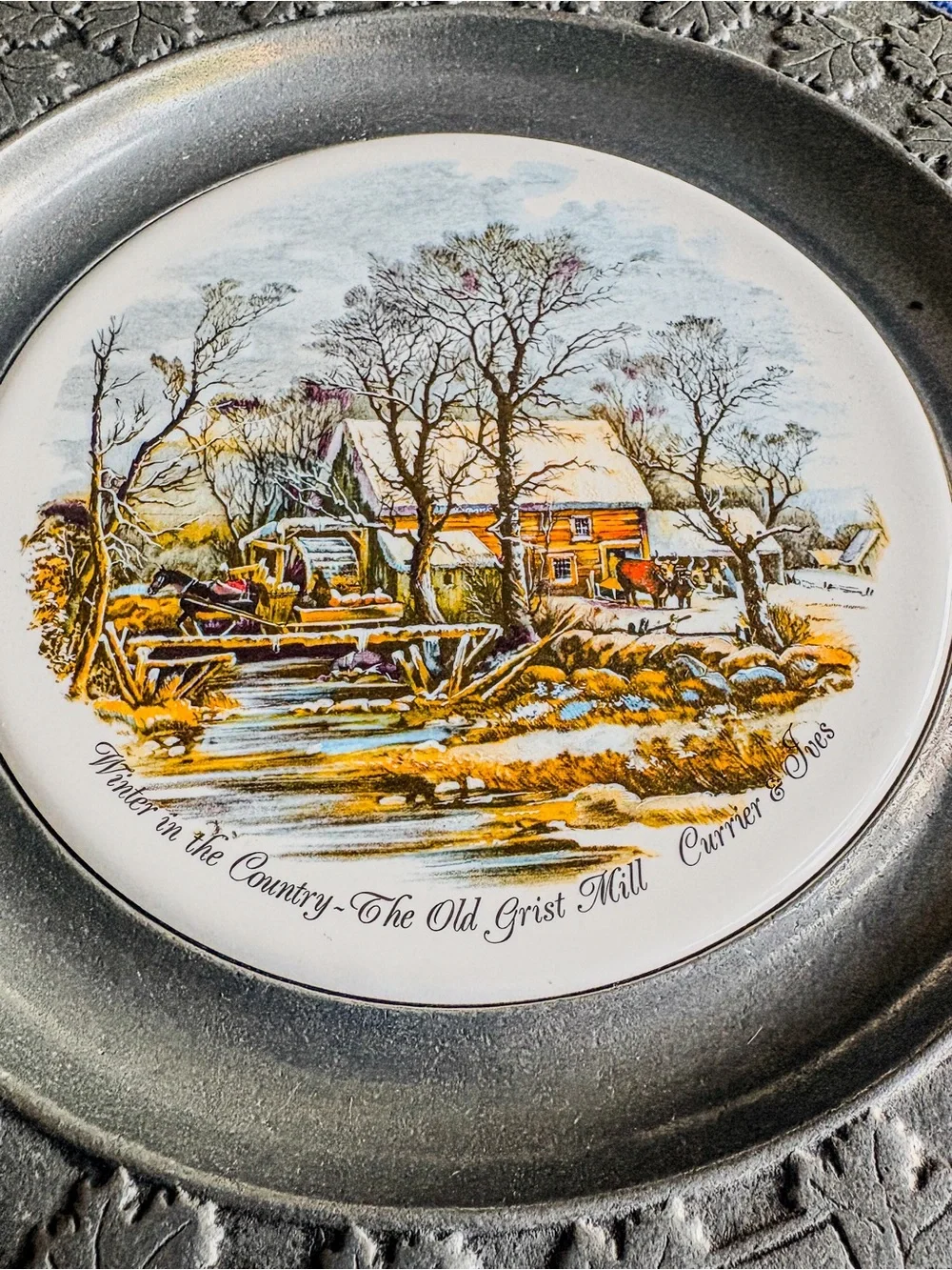 Vintage Currier & Ives Old Grist Mill Pewter Plate | Carson Freeport PA | Winter